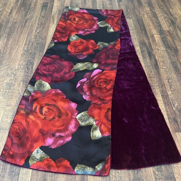 Red Rose & Burgundy Velvet Women's Scarf  Romantic Old World Style 55L X 10 1/4W - Picture 1 of 16